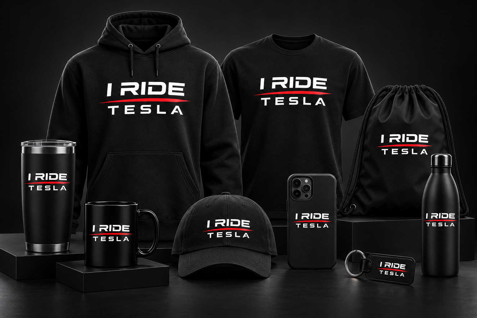 Black RideTesla merchandise collection with hoodies, shirts, caps, mugs, and accessories on a dark studio background
