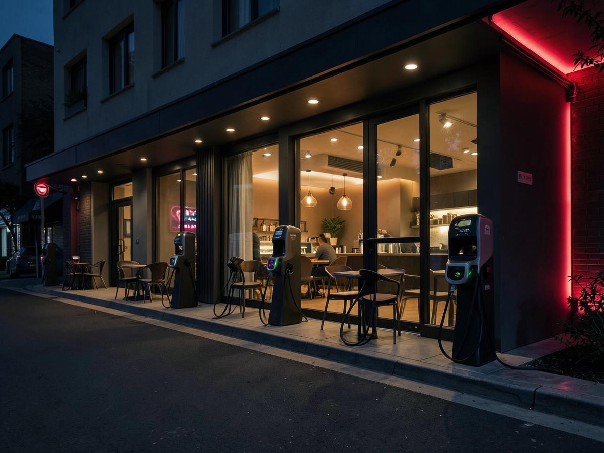 Charging stalls outside a modern cafe at dusk