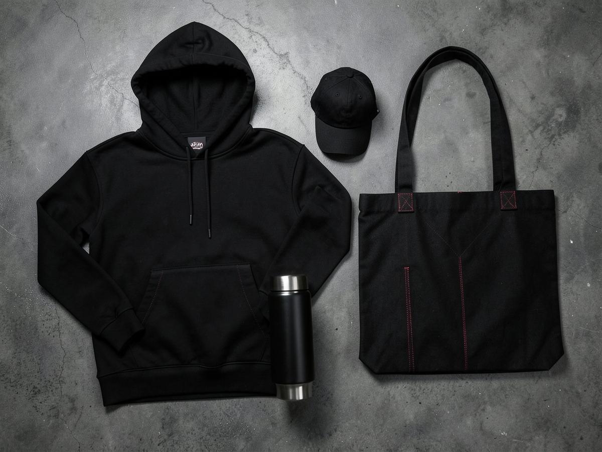 Black hoodie, cap, bottle, and tote laid out on concrete