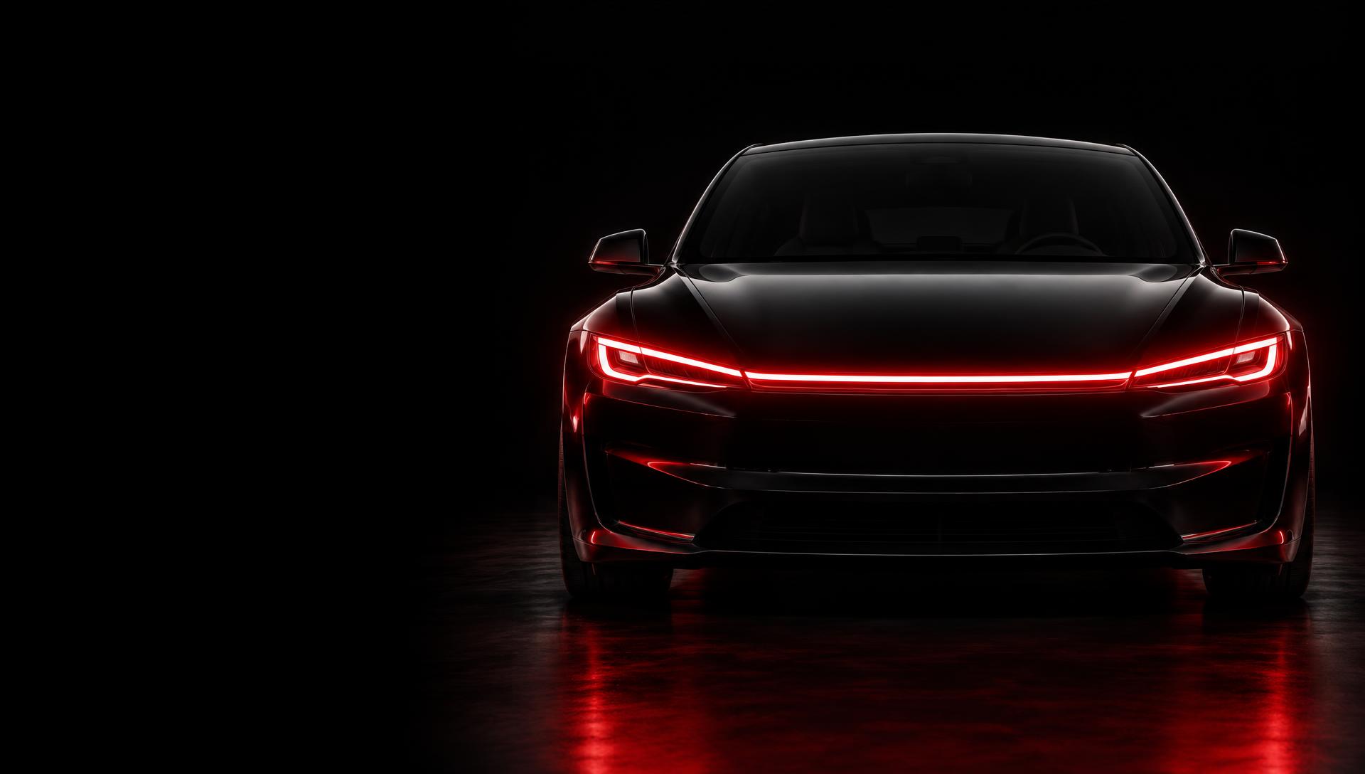 Front view of a black electric sedan illuminated by a red LED light bar